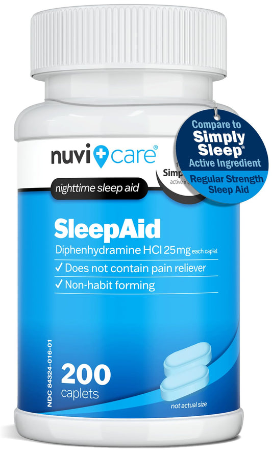 NUVICARE Nighttime Sleep Aid bottle with label signals gentle sleep support.