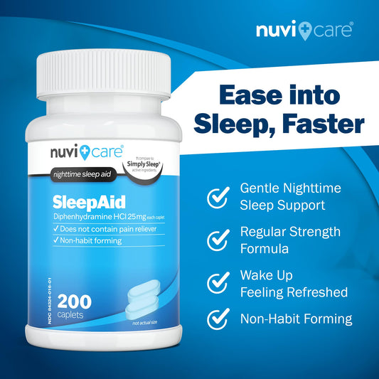NUVICARE Nighttime Sleep Aid caplets closeup shows 25 mg dose for gentle sleep support.