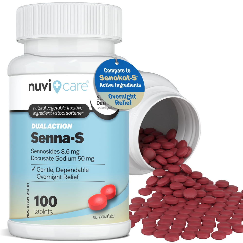 NUVICARE Senna Plus bottle shows gentle overnight support for occasional constipation.