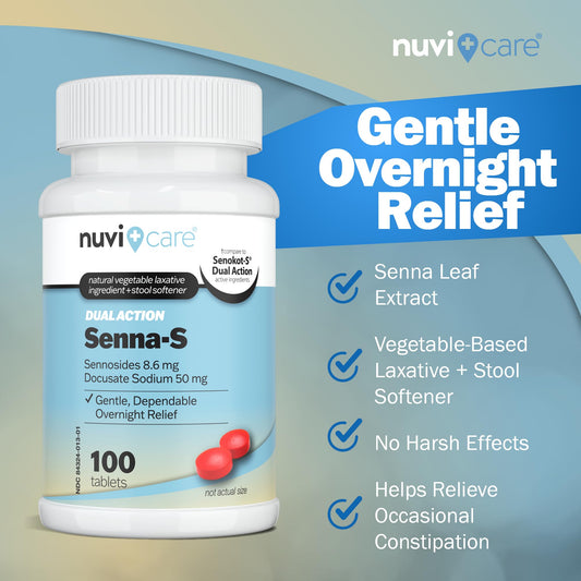 NUVICARE Senna Plus bottle back highlighting ingredients and dosing guidance.