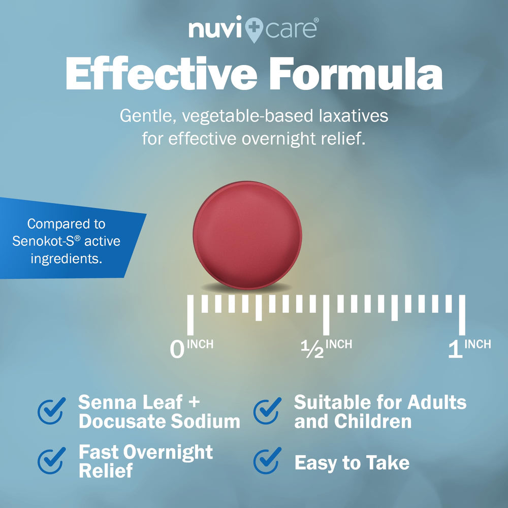 NUVICARE Senna Plus dosing directions illustrating bedtime use for overnight relief.