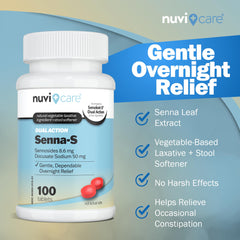 NUVICARE Senna Plus packaging front clearly indicates a 100-tablet bottle.