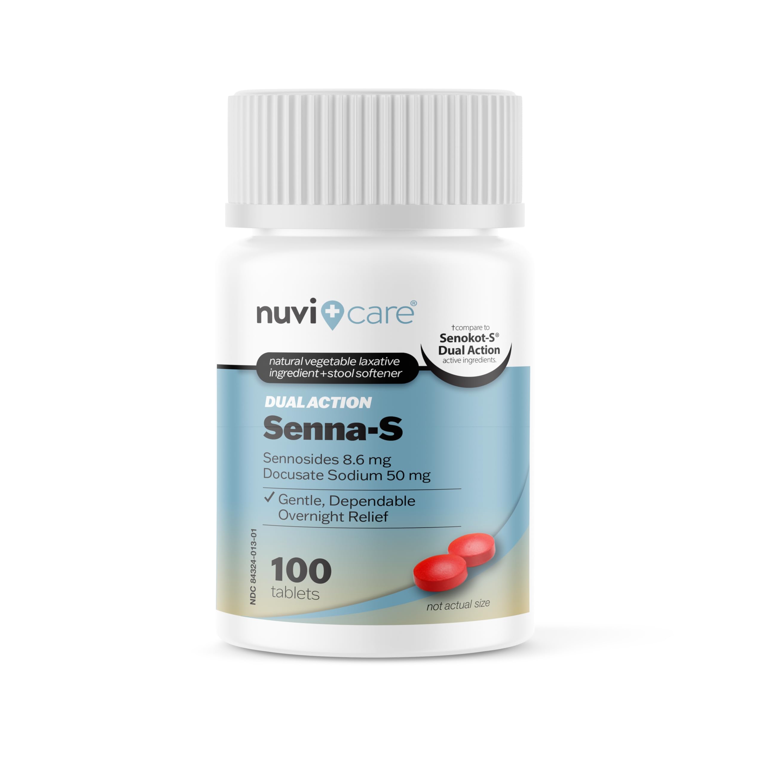 NUVICARE Senna Plus tablets closeup highlights the dual-action formulation.
