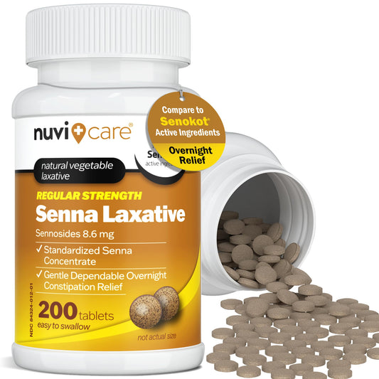 NUVICARE Senna tablets bottle shows gentle overnight relief option