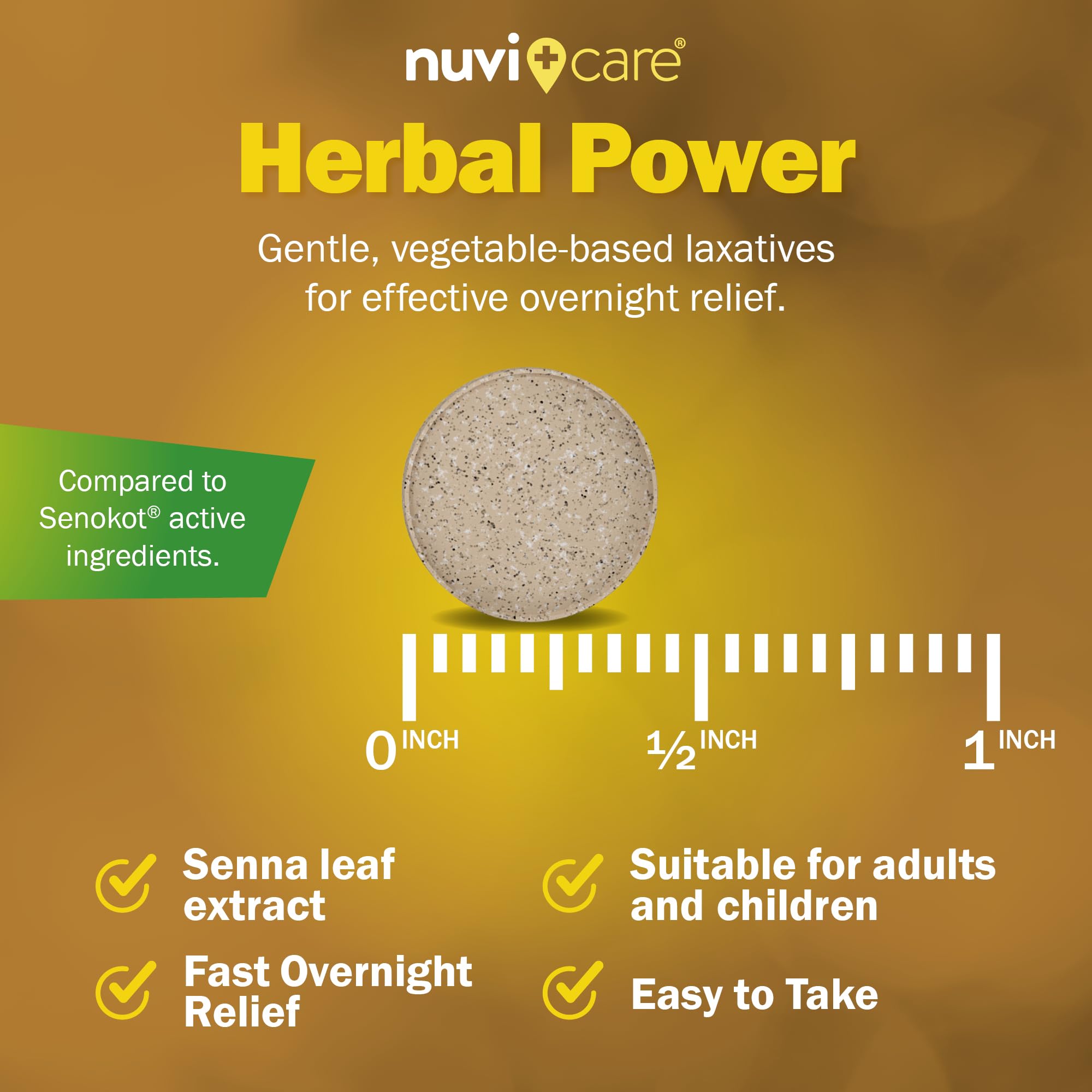 NUVICARE Senna tablets graphic explains gentle colon stimulation for relief