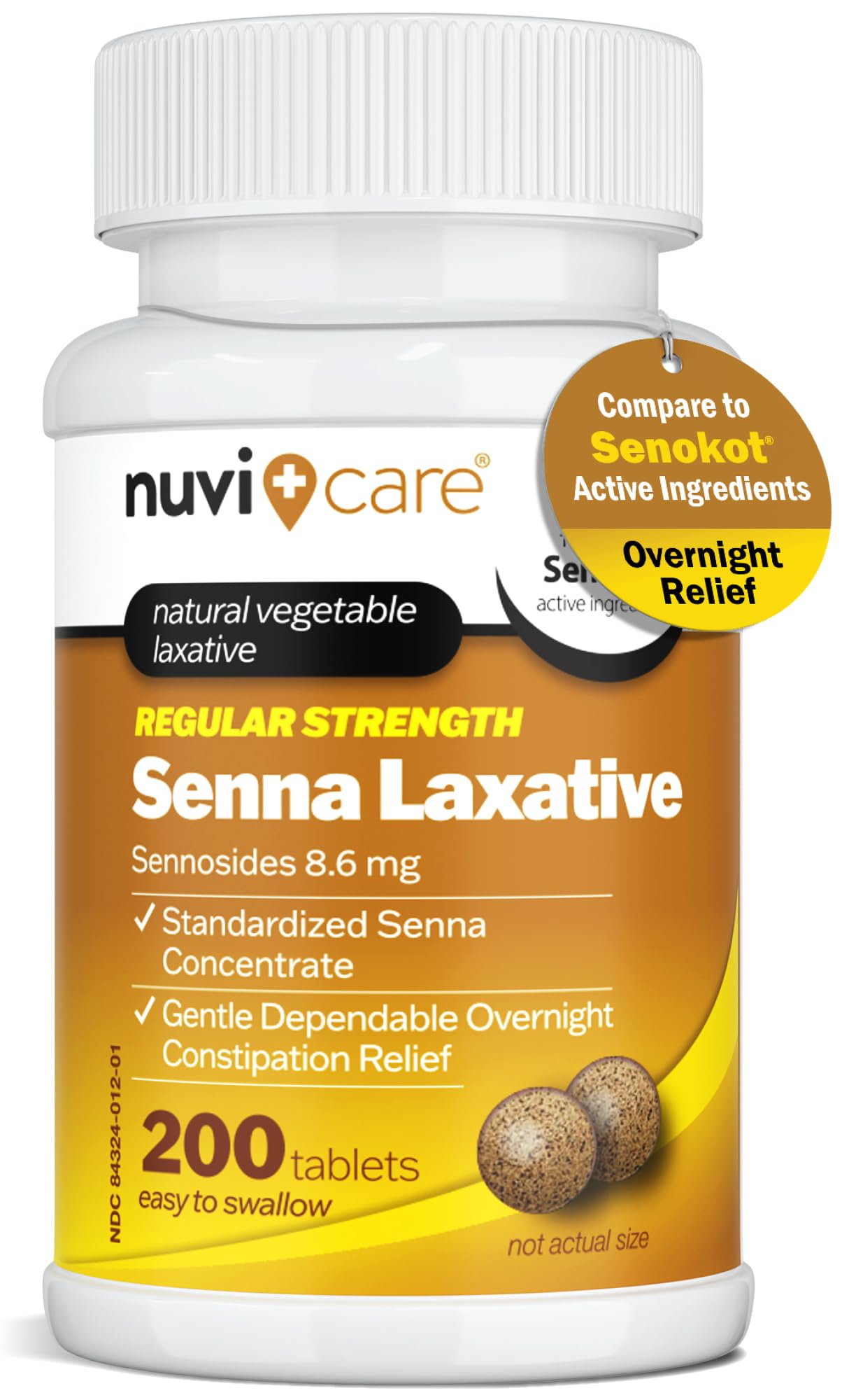 NUVICARE Senna tablets label highlights natural senna leaf composition for occasional relief
