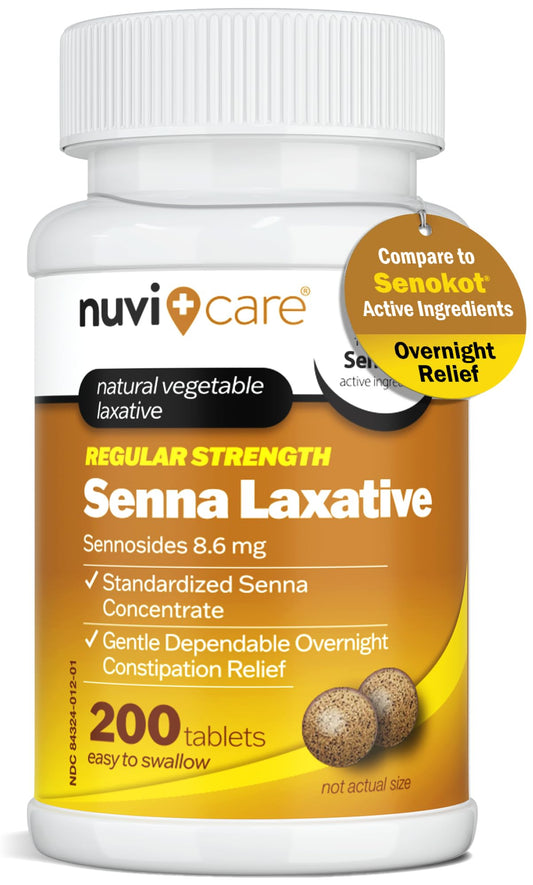 NUVICARE Senna tablets label highlights natural senna leaf composition for occasional relief