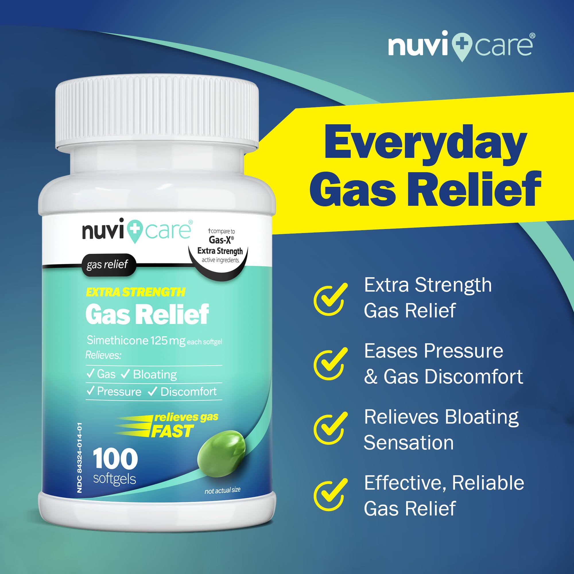 NUVICARE simethicone-125mg softgel close-up shows fast relief.