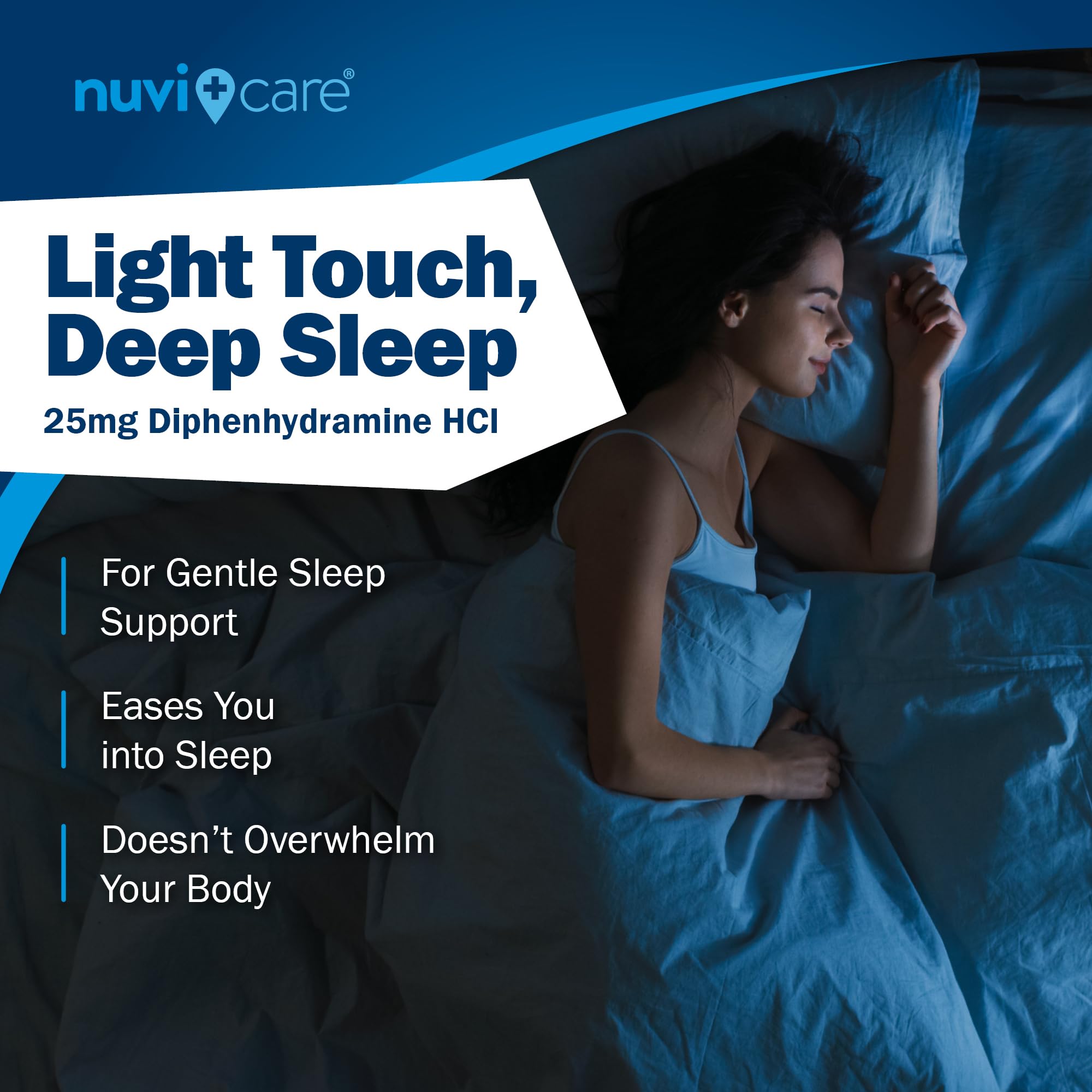 NUVICARE Sleep Aid bottle closeup emphasizes easy-to-take caplets for quiet nights.