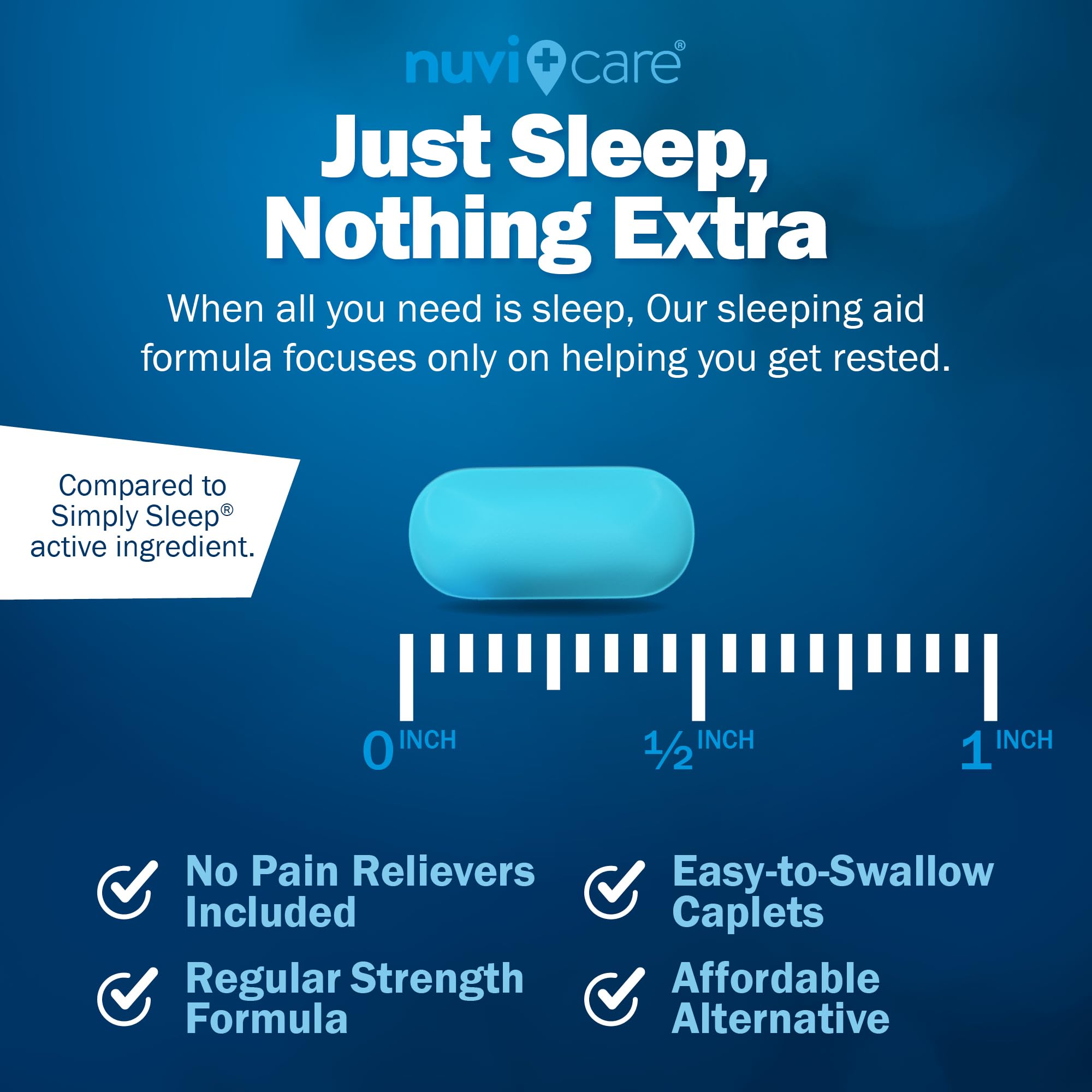 NUVICARE Sleep Aid with glass of water illustrates simple nightly intake before bed.
