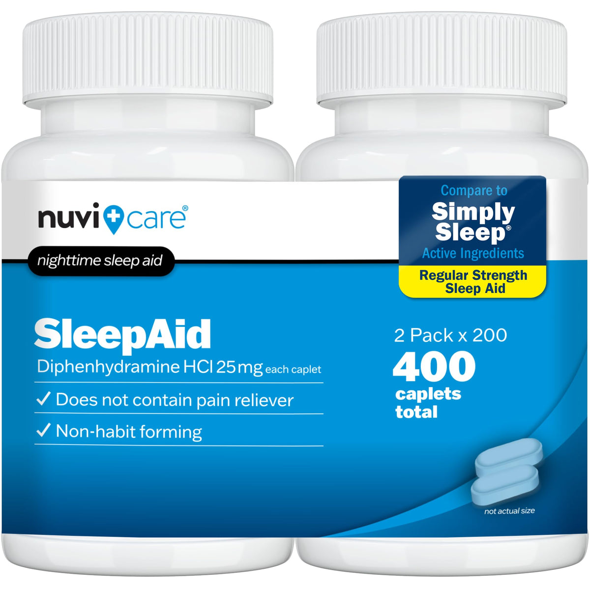 NUVICARE Sleep Aid two-pack bottle shows 25 mg diphenhydramine for gentle, non-habit sleep support.