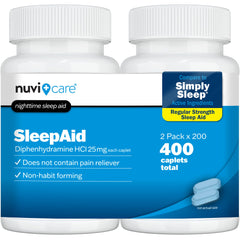 NUVICARE Sleep Aid two-pack bottle shows 25 mg diphenhydramine for gentle, non-habit sleep support.