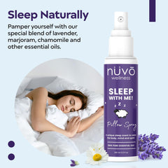 NUVO WELLNESS ESSENTIALS family safe pillow spray shown beside linens