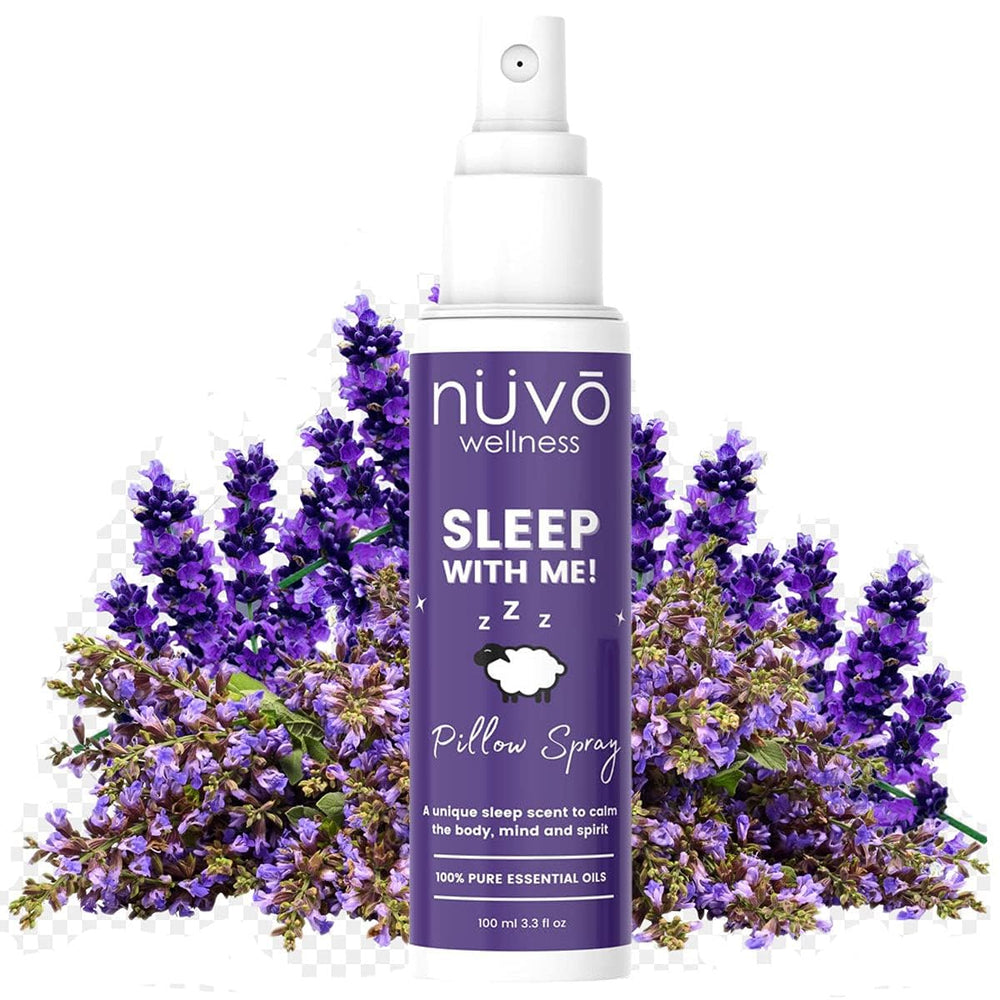 NUVO WELLNESS ESSENTIALS lavender chamomile oil blend bottle highlights calming scent for relaxation