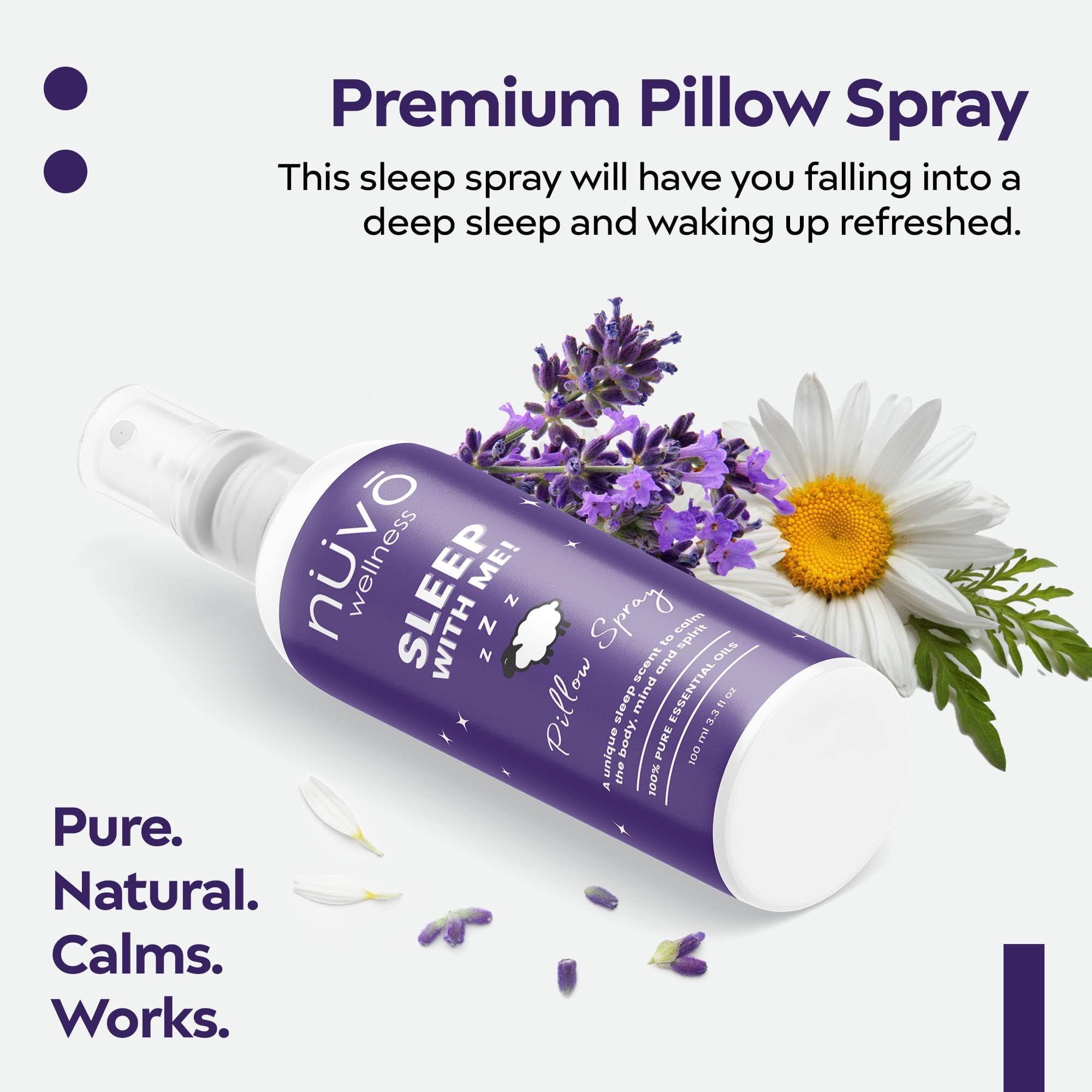 NUVO WELLNESS ESSENTIALS pillow spray application on linen, signaling a soothing atmosphere