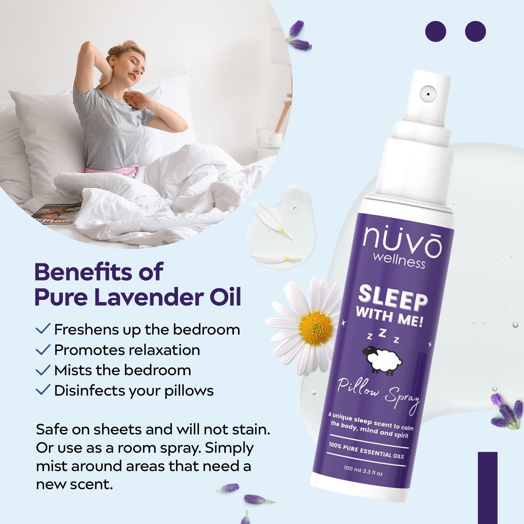 NUVO WELLNESS ESSENTIALS pillow spray on linen, suggesting a calm, cozy night