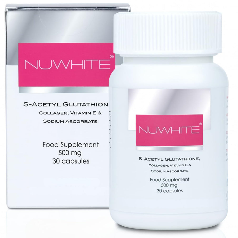 NuWhite S-Acetyl Glutathione bottle and capsules on white background