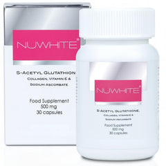 NuWhite S-Acetyl Glutathione bottle and capsules on white background