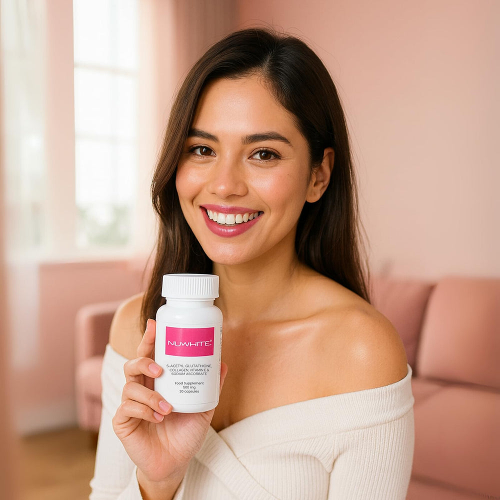 Lifestyle shot featuring NuWhite S-Acetyl Glutathione in a morning routine