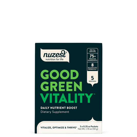 Front label of Nuzest Good Green Vitality greens powder