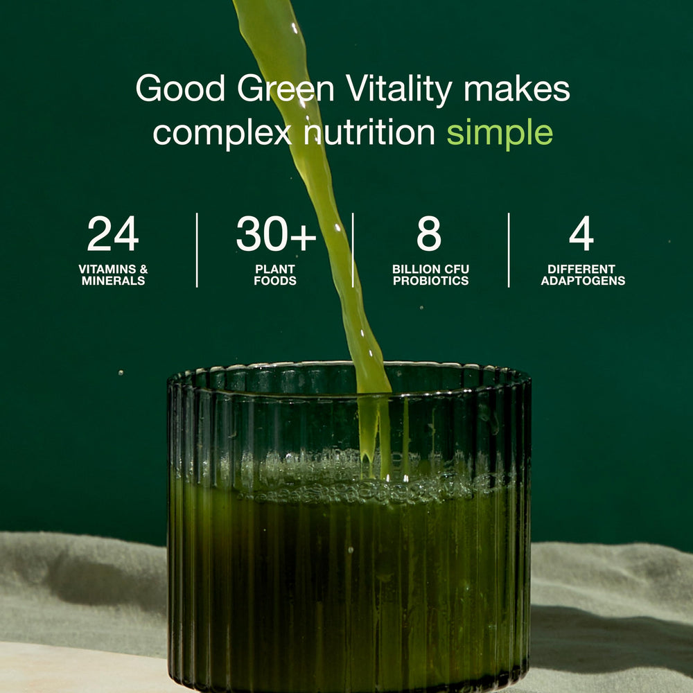 Close-up of Good Green Vitality greens powder texture