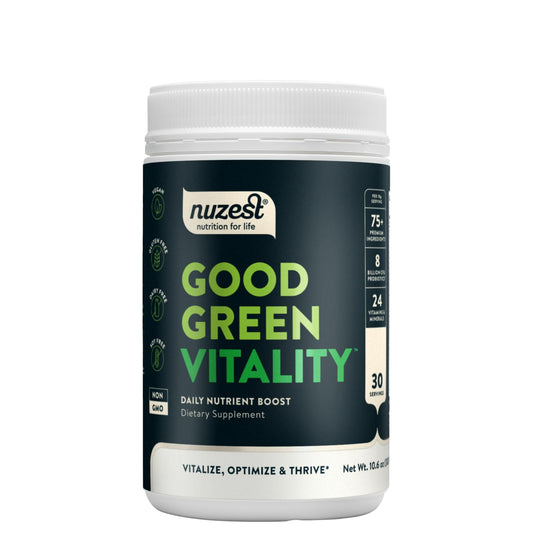 Front view of Nuzest Good Green Vitality Greens Powder 300g container