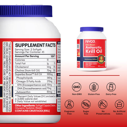 Close-up of NYO3 Krill Oil 1000mg softgel capsules