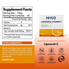 Label on NYO3 Liposomal Vitamin C Powder showing gluten-free and sugar-free claims