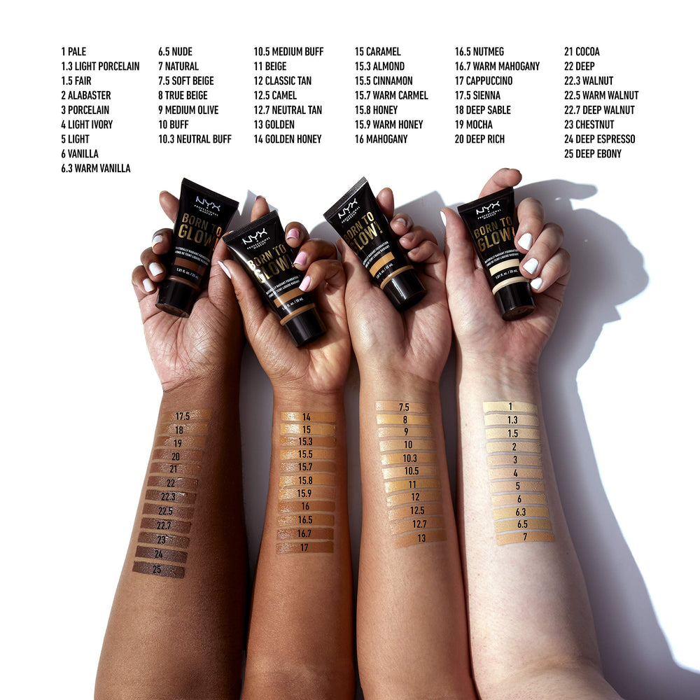 NYX Born To Glow foundation bottle with pump shown for controlled, even application.
