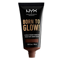 NYX Born To Glow foundation Deep Espresso swatch demonstrates buildable coverage.