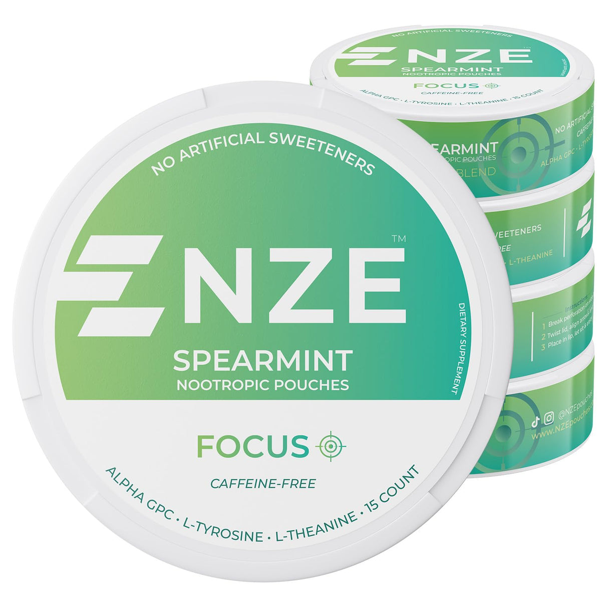 NZE Caffeine Free Nootropic Pouches Spearmint can front view