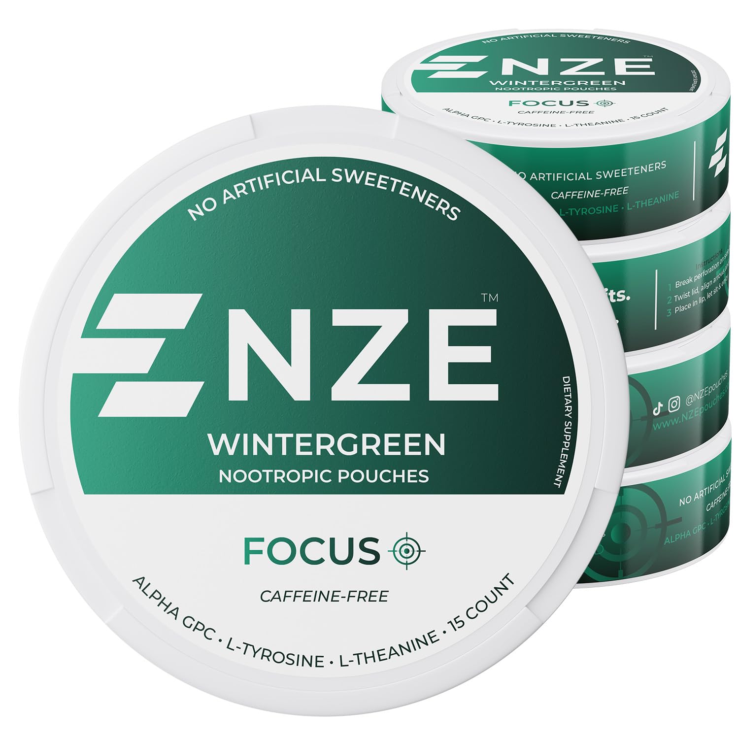 NZE Caffeine Free Nootropic Pouches Wintergreen can front view
