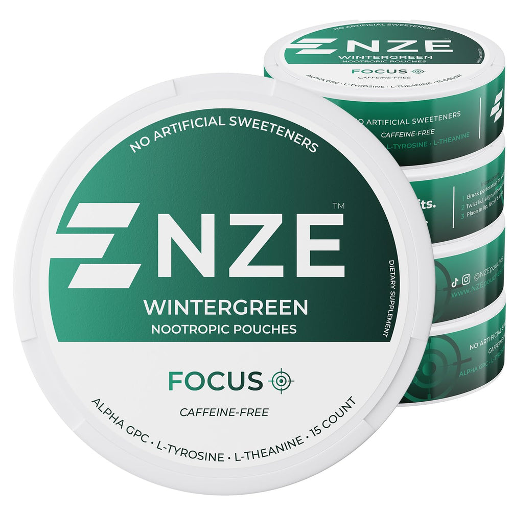 NZE Caffeine Free Nootropic Pouches Wintergreen can front view