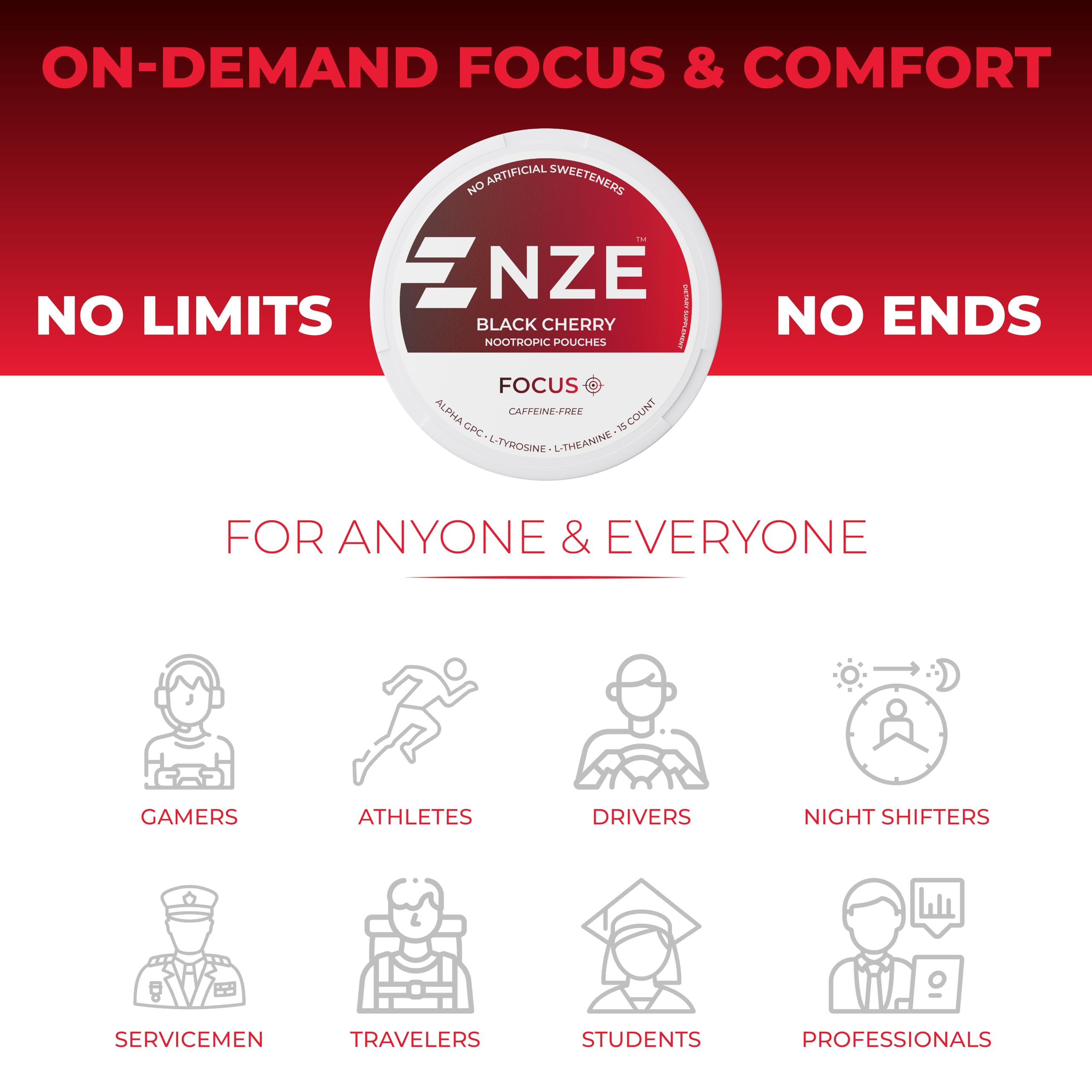 Side view of NZE can with Black Cherry nootropic pouches