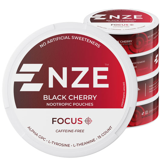 Front view of NZE Black Cherry caffeine-free nootropic pouches