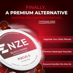 Packaging for NZE Black Cherry caffeine-free nootropic pouches
