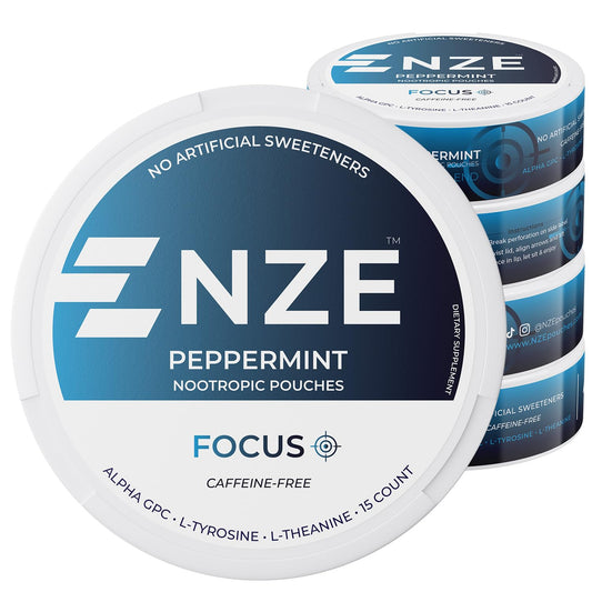 Front view of NZE Caffeine Free Nootropic Pouches Peppermint can