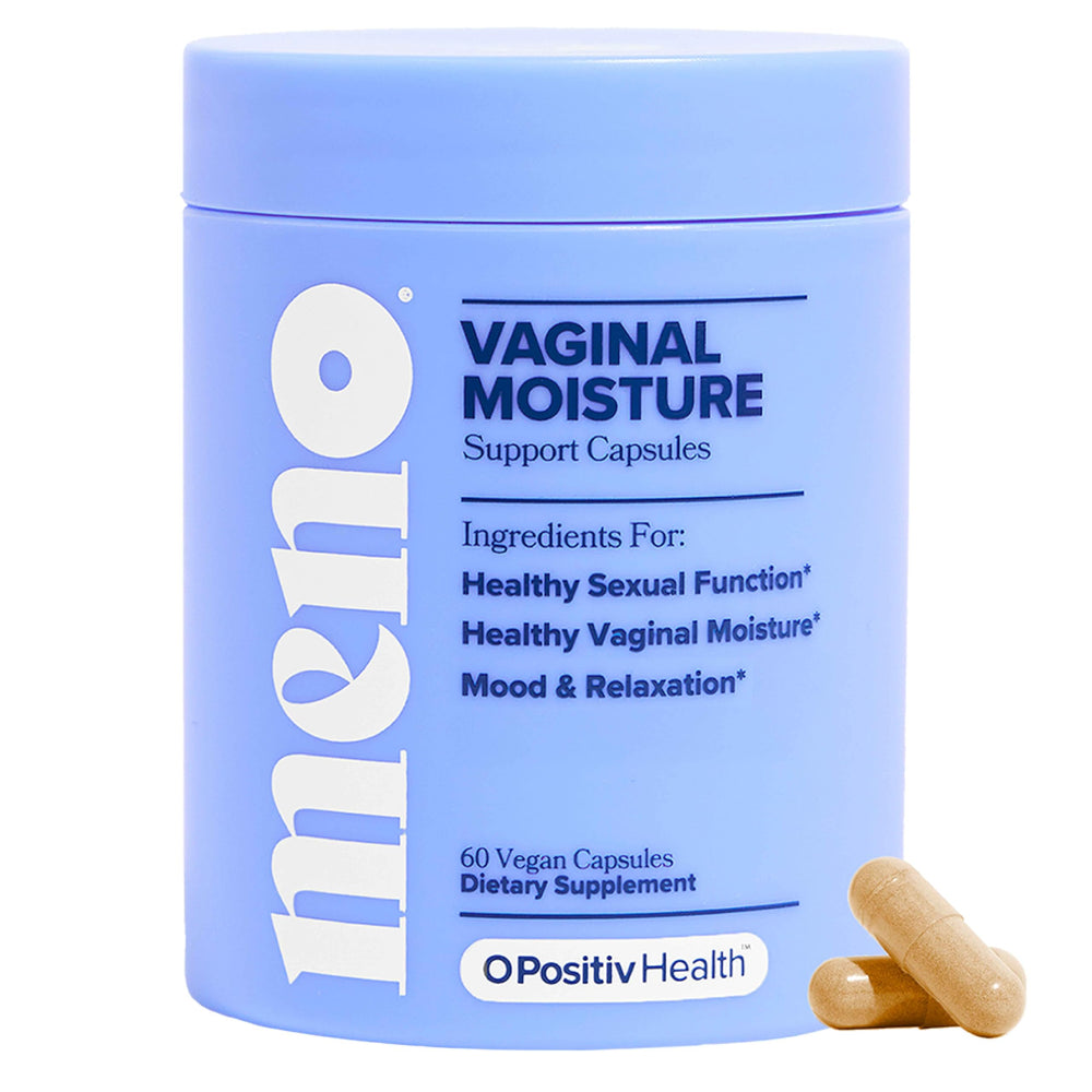O Positiv MENO capsules close-up showing daily moisture support in a discreet bottle