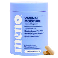 O Positiv MENO capsules close-up showing daily moisture support in a discreet bottle