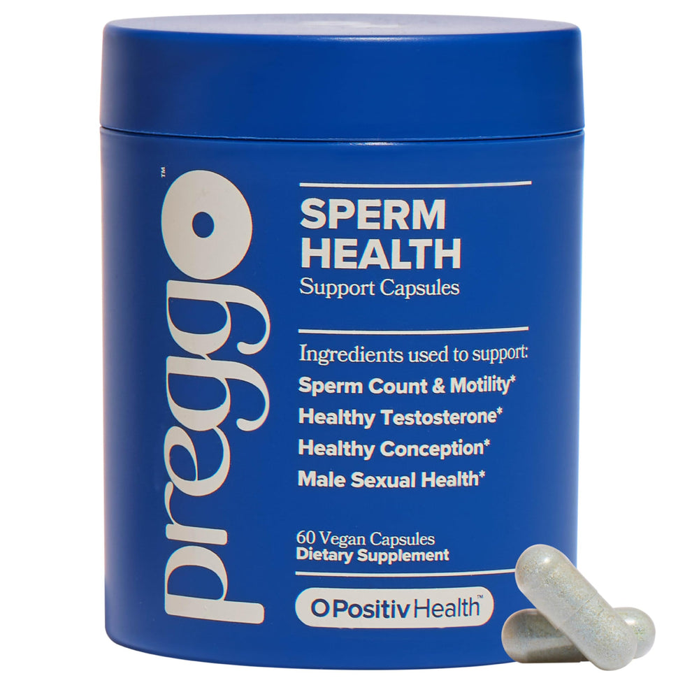 O Positiv Prego bottle front promoting daily male reproductive health support.