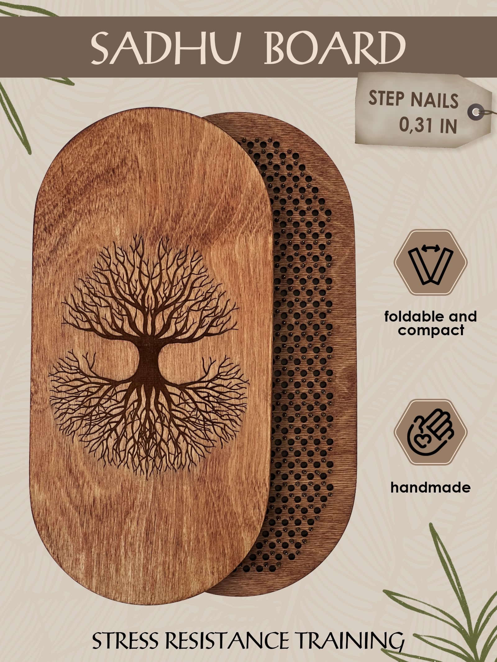 Close-up of nails on the wooden yoga board for pressure-point stimulation