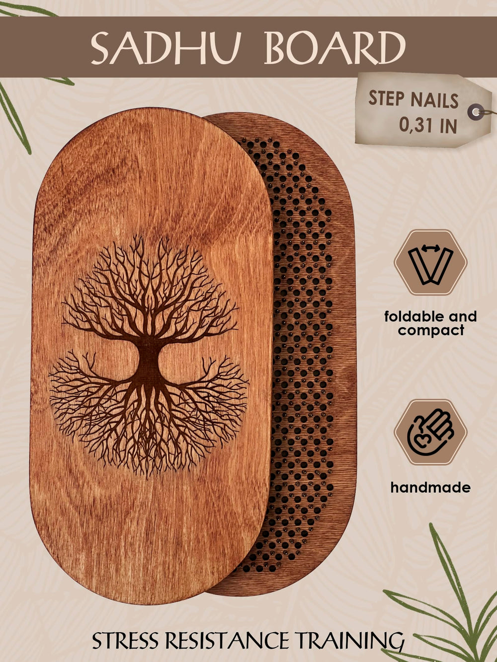 Close-up of nails on the wooden yoga board for pressure-point stimulation