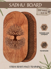 Close-up of nails on the wooden yoga board for pressure-point stimulation