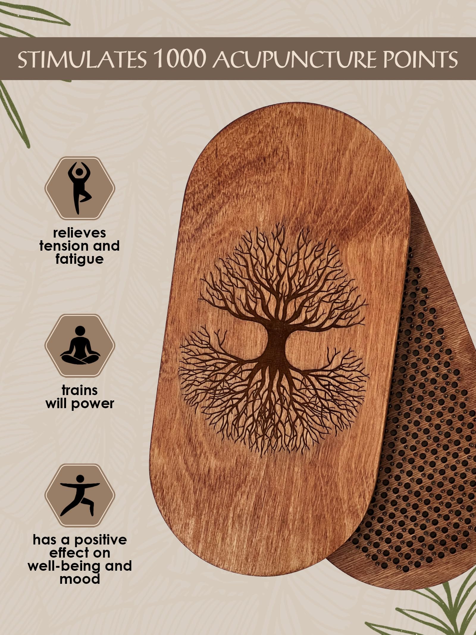 Side angle of oak8 Sadhu board showing nail layout for foot acupuncture