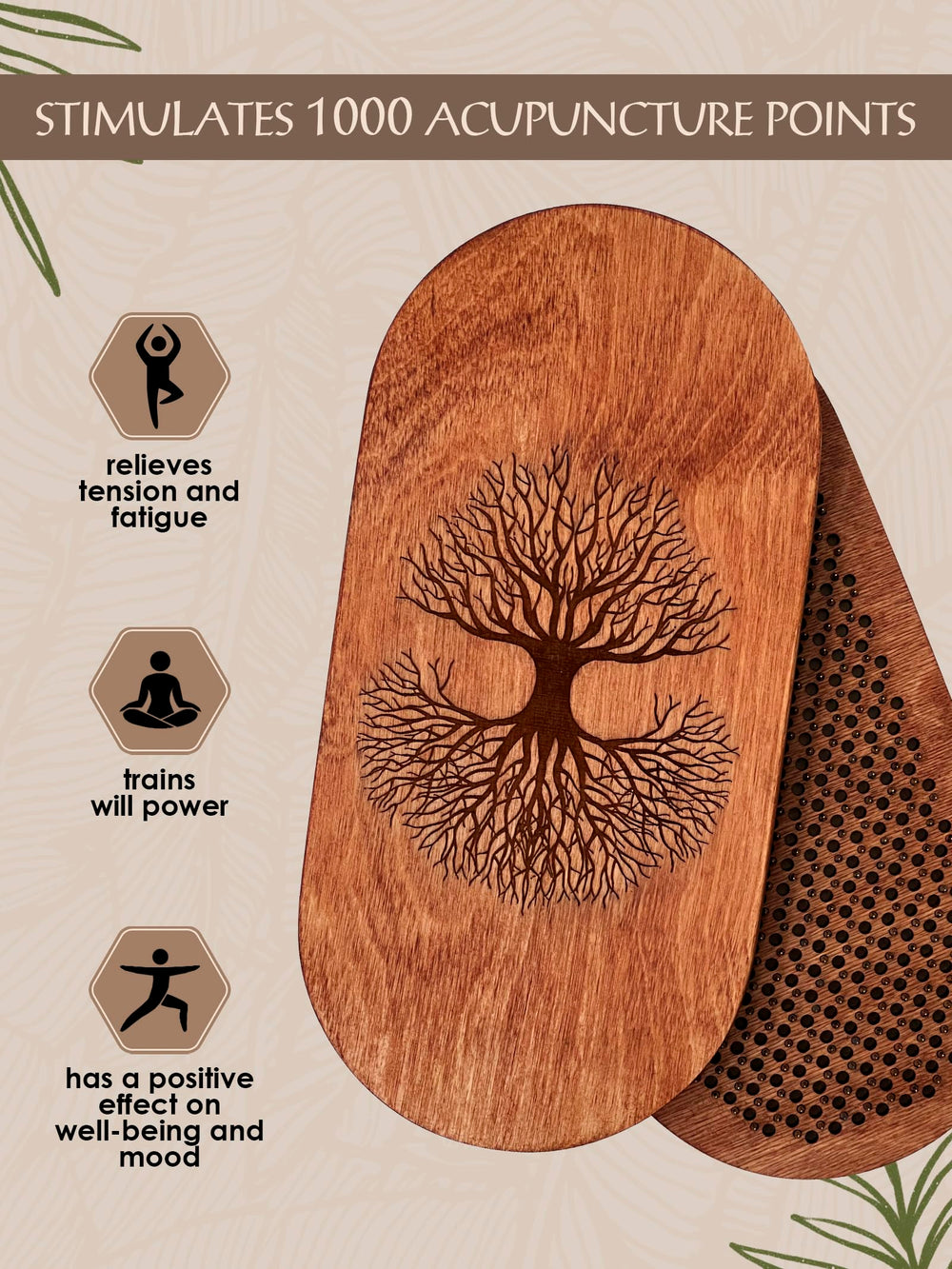 Side angle of oak8 Sadhu board showing nail layout for foot acupuncture