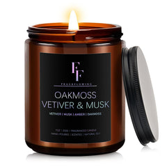 Oakmoss Vetiver Musk scented candle in amber jar, 7oz