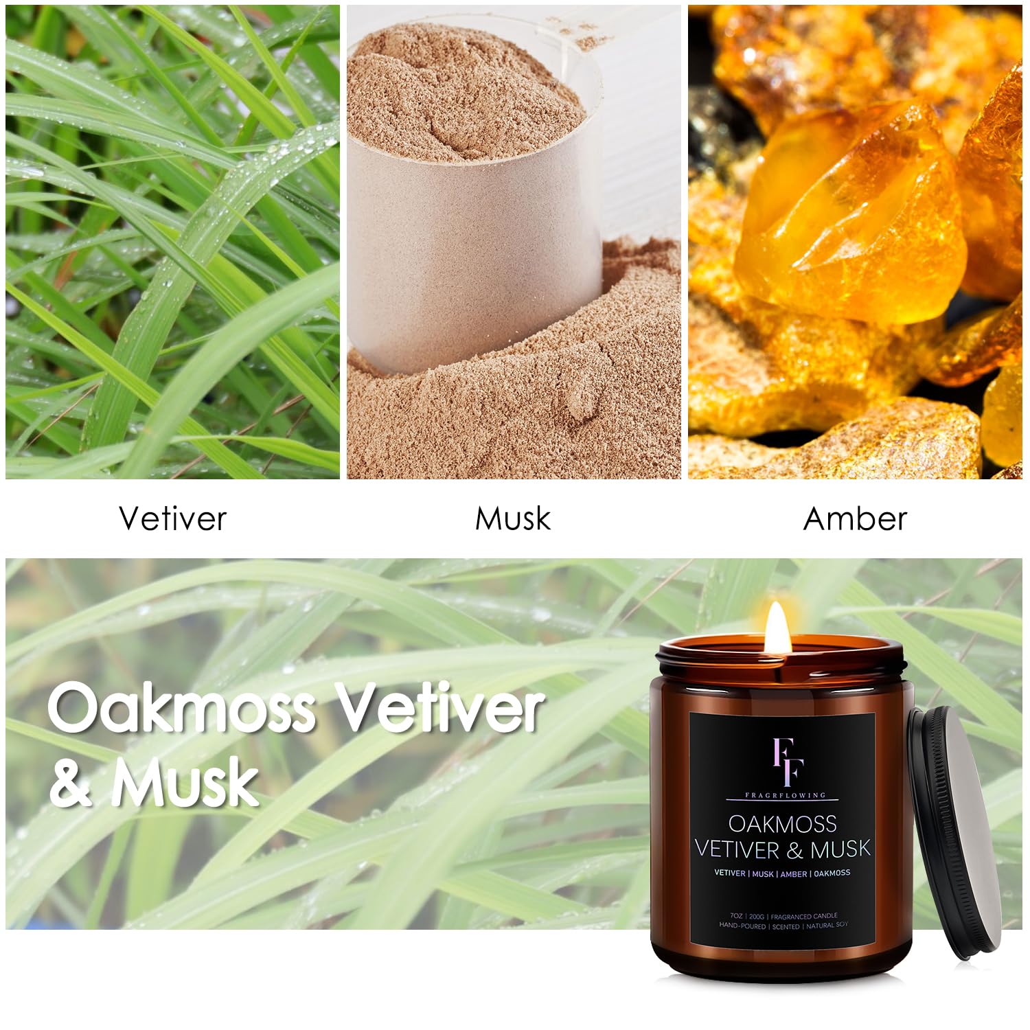 Close-up of Oakmoss Vetiver Musk candle label in amber jar