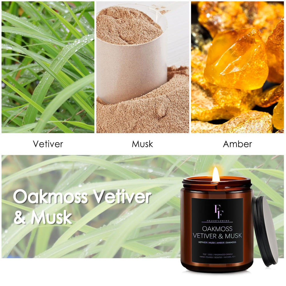 Close-up of Oakmoss Vetiver Musk candle label in amber jar