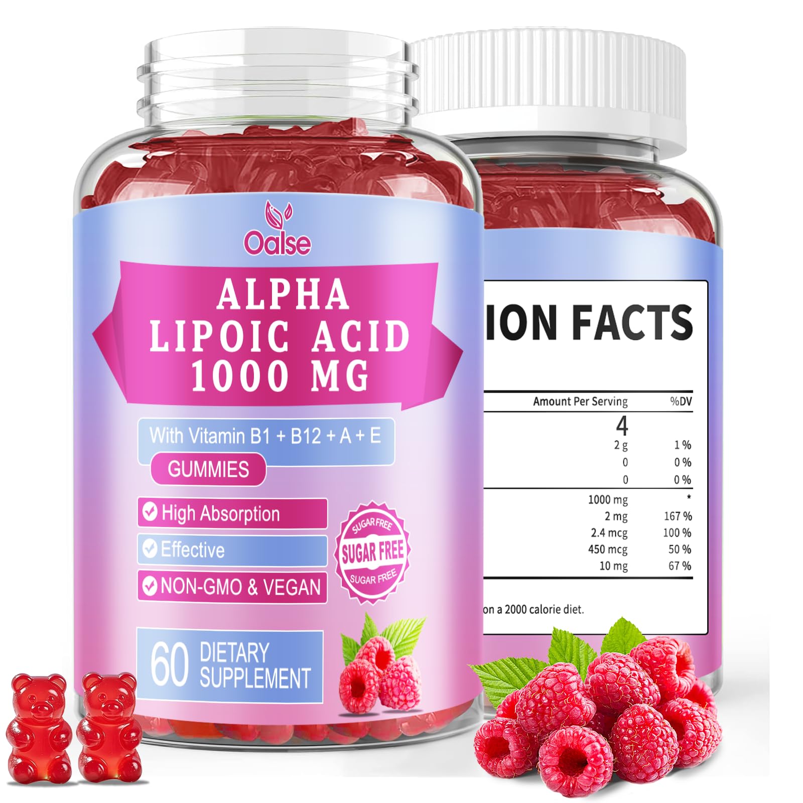 Front view of OALSE Alpha Lipoic Acid Gummies 1000mg Raspberry