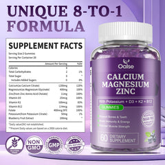 Nutrition facts label for OALSE Calcium Magnesium Zinc Gummies